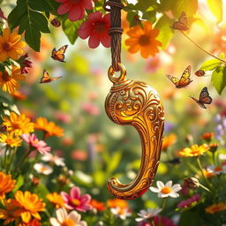 A highly detailed, artistically rendered representation of a lucky, golden charm in the shape of a stylized phallus, set against a lush, vibrant background filled with colorful flowers and greens