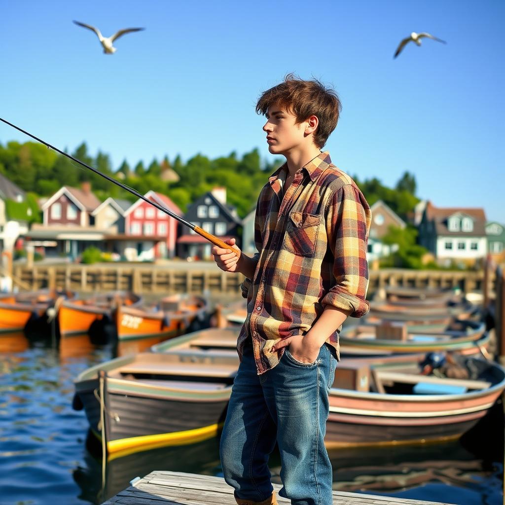 A young fisherman in his early 20s with a thin frame, standing on the dock of a quaint, picturesque town