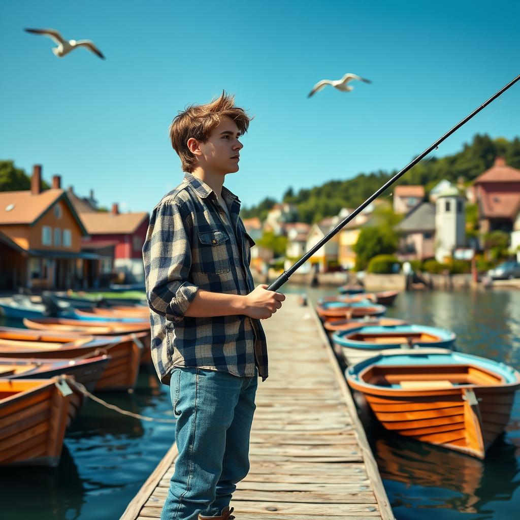 A young fisherman in his early 20s with a thin frame, standing on the dock of a quaint, picturesque town