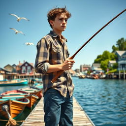 A young fisherman in his early 20s with a thin frame, standing on the dock of a quaint, picturesque town