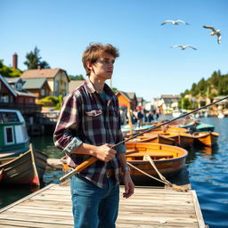 A young fisherman in his early 20s with a thin frame, standing on the dock of a quaint, picturesque town