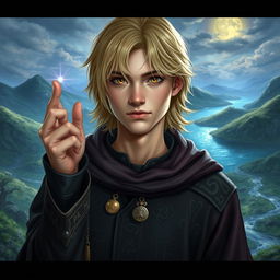 A 25-year-old human mage with medium-length blonde hair and striking brown eyes, wearing a richly detailed robe adorned with ancient runes and mystical symbols