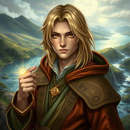 A 25-year-old human mage with medium-length blonde hair and striking brown eyes, wearing a richly detailed robe adorned with ancient runes and mystical symbols