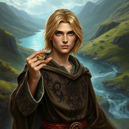 A 25-year-old human mage with medium-length blonde hair and striking brown eyes, wearing a richly detailed robe adorned with ancient runes and mystical symbols