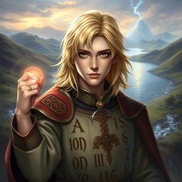 A 25-year-old human mage with medium-length blonde hair and striking brown eyes, wearing a richly detailed robe adorned with ancient runes and mystical symbols