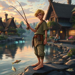 In a fantasy Dungeons & Dragons setting, a young fisherman in his early 20s with a thin frame stands on the edge of a magical river in a quaint town