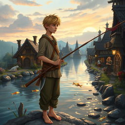 In a fantasy Dungeons & Dragons setting, a young fisherman in his early 20s with a thin frame stands on the edge of a magical river in a quaint town