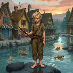 In a fantasy Dungeons & Dragons setting, a young fisherman in his early 20s with a thin frame stands on the edge of a magical river in a quaint town