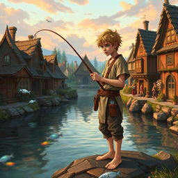 In a fantasy Dungeons & Dragons setting, a young fisherman in his early 20s with a thin frame stands on the edge of a magical river in a quaint town