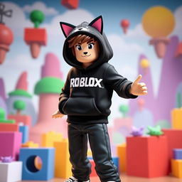 A stylish character wearing a black Roblox hoodie featuring a cat head design