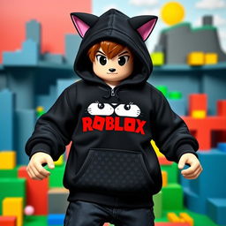 A stylish character wearing a black Roblox hoodie featuring a cat head design