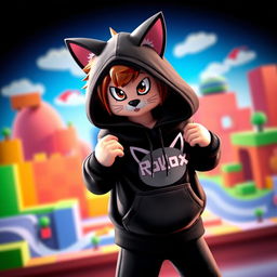 A stylish character wearing a black Roblox hoodie featuring a cat head design