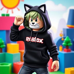 A stylish character wearing a black Roblox hoodie featuring a cat head design