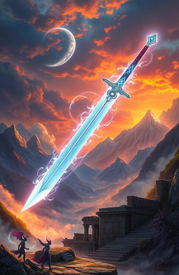 A mystical fantasy scene depicting the legendary Sky Sword, a magnificent, glowing sword floating in mid-air amid a dramatic landscape