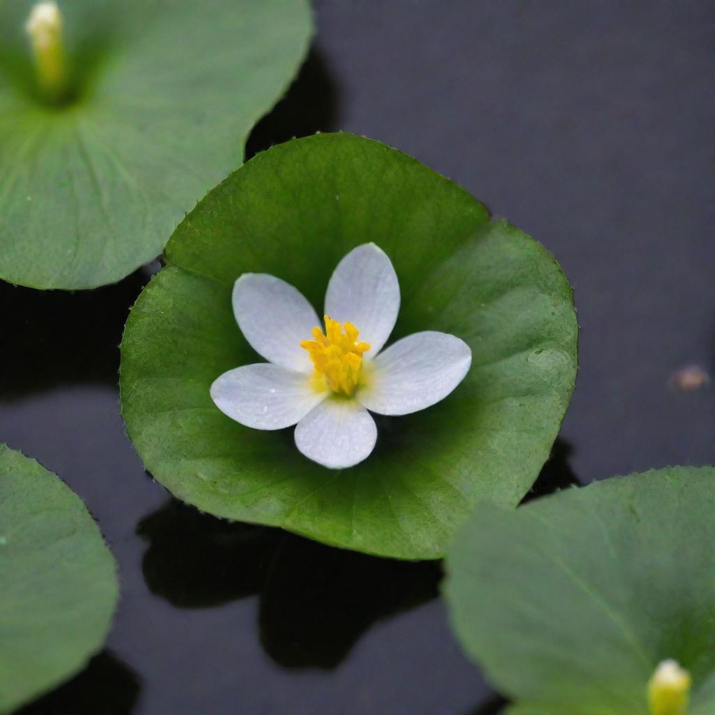 A detailed image of the world's smallest flower, the delicate Wolffia. The tiny bloom, floating on water with a surrounding of green leaves, symbolizes fragile beauty. It's an exquisite display of nature's diversity in scale.