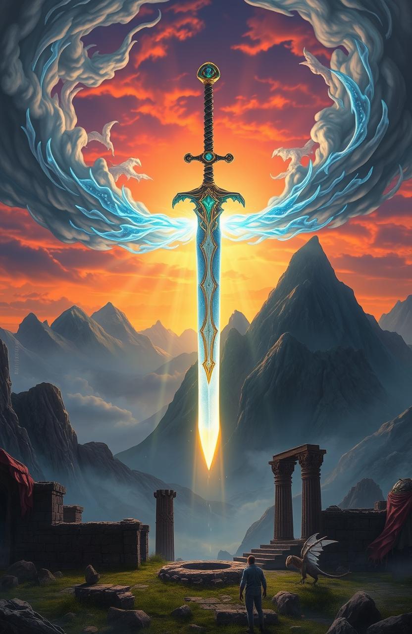 A mystical fantasy scene depicting the legendary Sky Sword, a magnificent, glowing sword floating in mid-air amid a dramatic landscape