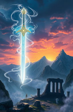 A mystical fantasy scene depicting the legendary Sky Sword, a magnificent, glowing sword floating in mid-air amid a dramatic landscape