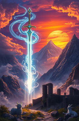 A mystical fantasy scene depicting the legendary Sky Sword, a magnificent, glowing sword floating in mid-air amid a dramatic landscape