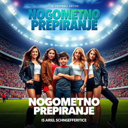 A film poster titled 'Nogometno Prepiranje' featuring a vibrant football stadium in the background, filled with cheering fans and bright stadium lights