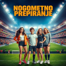 A film poster titled 'Nogometno Prepiranje' featuring a vibrant football stadium in the background, filled with cheering fans and bright stadium lights