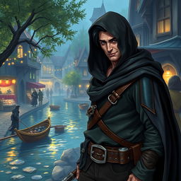 In a Dungeons & Dragons fantasy setting, a town fisherman with a secret life as a thief is depicted in his early 30s, possessing a thin frame