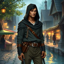 In a Dungeons & Dragons fantasy setting, a town fisherman with a secret life as a thief is depicted in his early 30s, possessing a thin frame