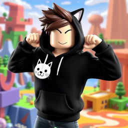 A stylish character wearing a black Roblox hoodie featuring a white cat head design