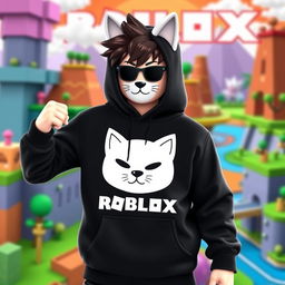 A stylish character wearing a black Roblox hoodie featuring a white cat head design