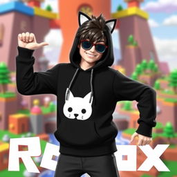 A stylish character wearing a black Roblox hoodie featuring a white cat head design