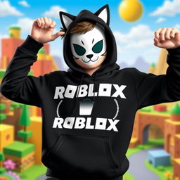 A stylish character wearing a black Roblox hoodie featuring a white cat head design