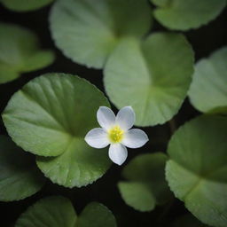 A detailed image of the world's smallest flower, the delicate Wolffia. The tiny bloom, floating on water with a surrounding of green leaves, symbolizes fragile beauty. It's an exquisite display of nature's diversity in scale.