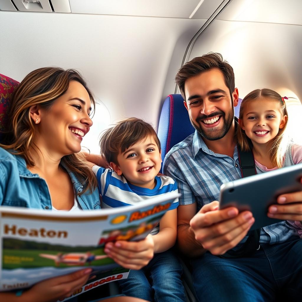 A joyful family of four enjoying their vacation trip on a plane, smiling and interacting with each other