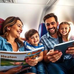 A joyful family of four enjoying their vacation trip on a plane, smiling and interacting with each other