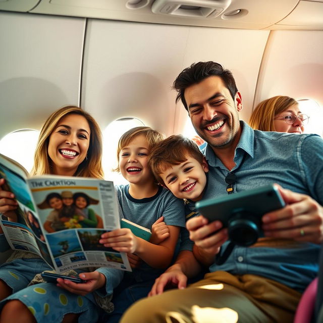 A joyful family of four enjoying their vacation trip on a plane, smiling and interacting with each other