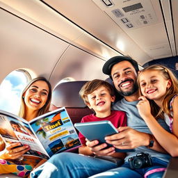 A joyful family of four enjoying their vacation trip on a plane, smiling and interacting with each other