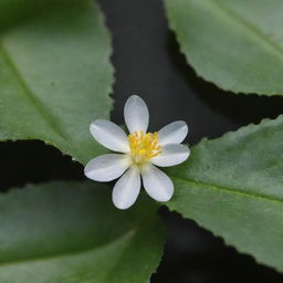 A detailed image of the world's smallest flower, the delicate Wolffia. The tiny bloom, floating on water with a surrounding of green leaves, symbolizes fragile beauty. It's an exquisite display of nature's diversity in scale.