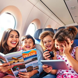 A joyful family of four enjoying their vacation trip on a plane, smiling and interacting with each other