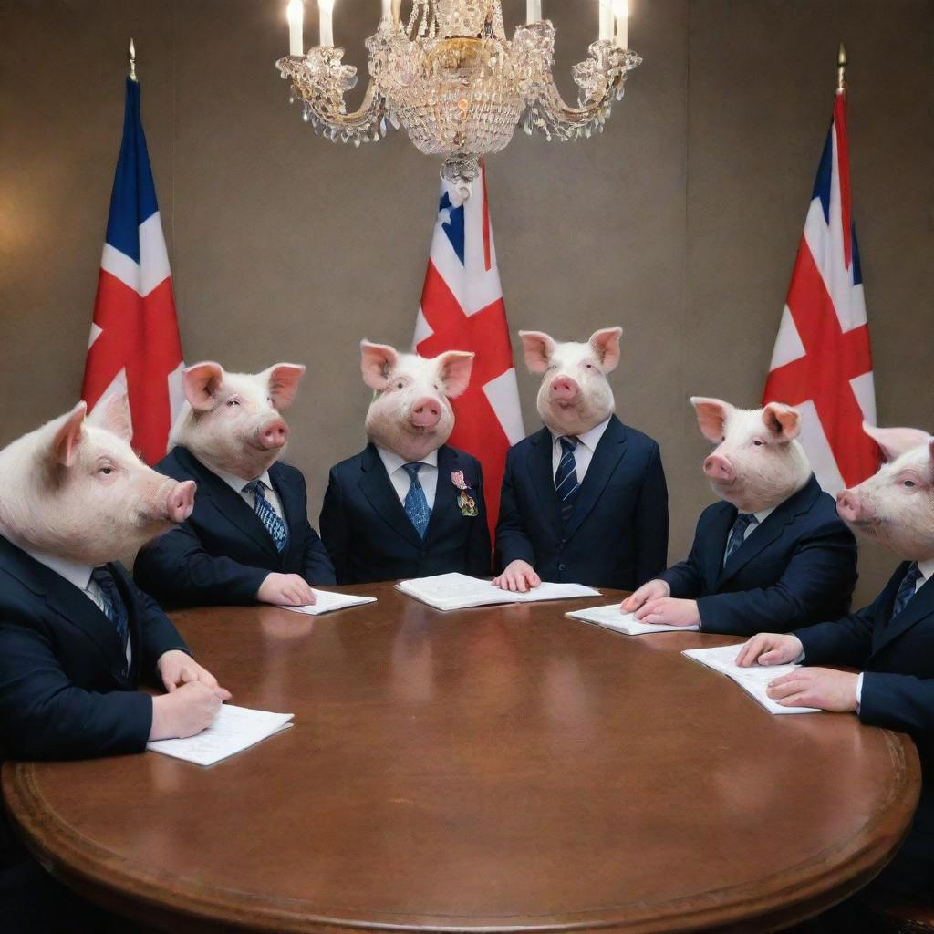 Stately pigs dressed in formal diplomat attire, engaged in serious discussion around a round table decorated with international flags