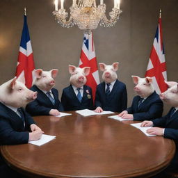 Stately pigs dressed in formal diplomat attire, engaged in serious discussion around a round table decorated with international flags