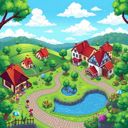 A beautifully crafted pixel art map of a small village, showcasing charming houses with colorful roofs, winding cobblestone streets, lush green fields, and flowering gardens