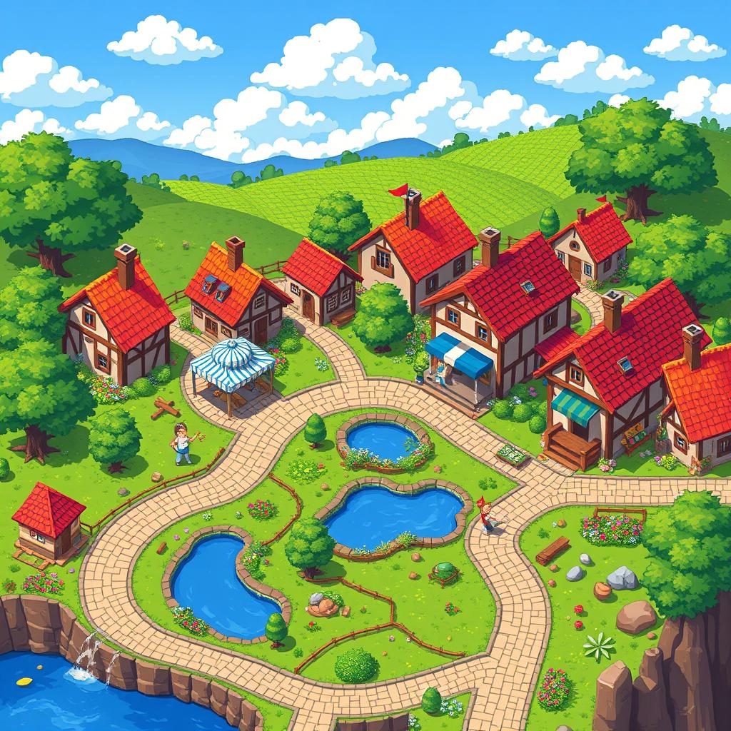 A beautifully crafted pixel art map of a small village, showcasing charming houses with colorful roofs, winding cobblestone streets, lush green fields, and flowering gardens