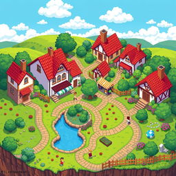 A beautifully crafted pixel art map of a small village, showcasing charming houses with colorful roofs, winding cobblestone streets, lush green fields, and flowering gardens