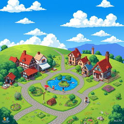 A beautifully crafted pixel art map of a small village, showcasing charming houses with colorful roofs, winding cobblestone streets, lush green fields, and flowering gardens