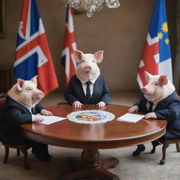 Stately pigs dressed in formal diplomat attire, engaged in serious discussion around a round table decorated with international flags