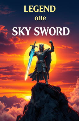 An epic fantasy scene featuring a heroic character holding an iconic legendary sword, known as the 'Sky Sword'