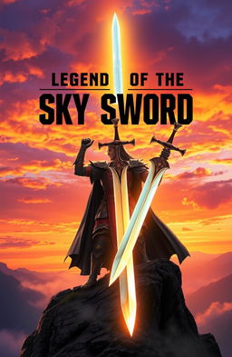 An epic fantasy scene featuring a heroic character holding an iconic legendary sword, known as the 'Sky Sword'