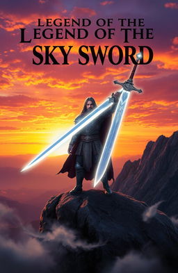 An epic fantasy scene featuring a heroic character holding an iconic legendary sword, known as the 'Sky Sword'