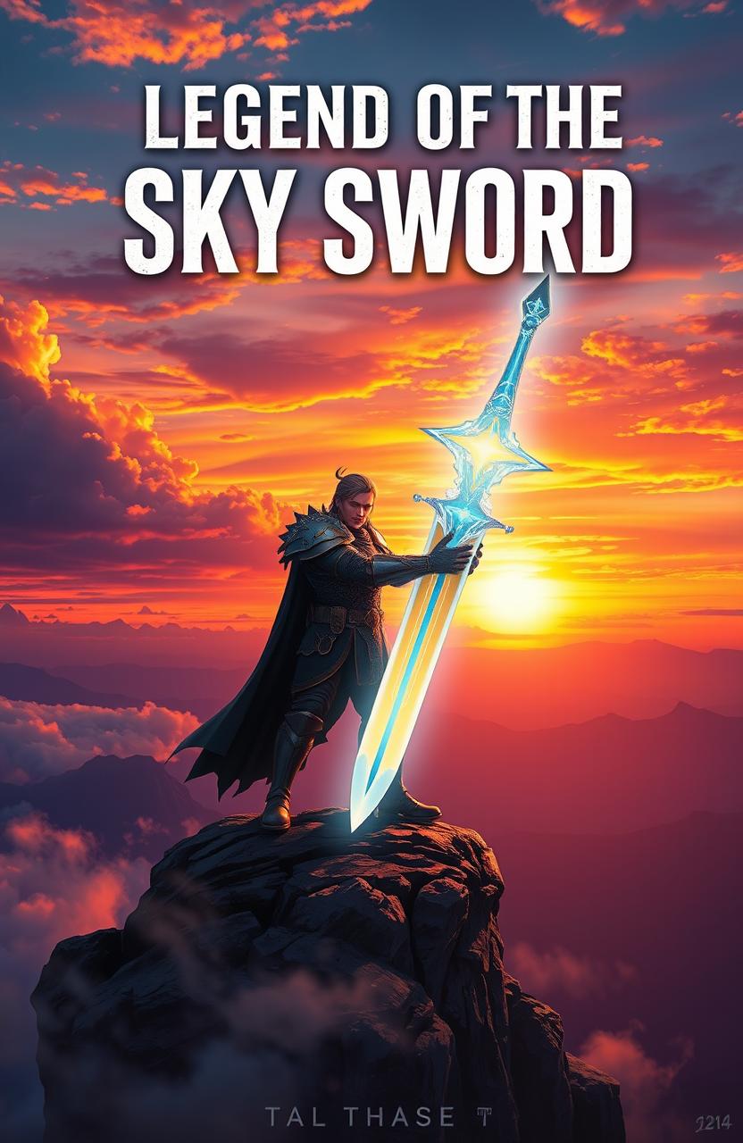 An epic fantasy scene featuring a heroic character holding an iconic legendary sword, known as the 'Sky Sword'