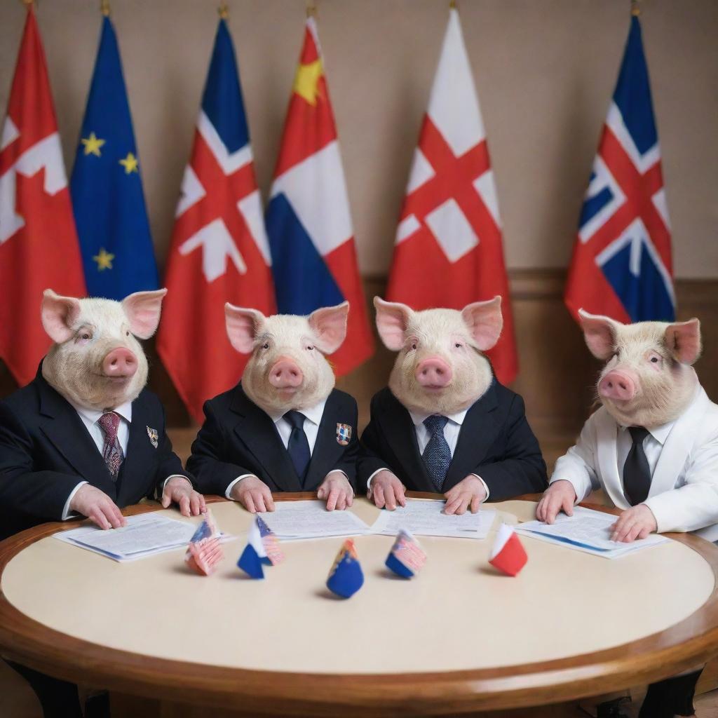 Stately pigs dressed in formal diplomat attire, engaged in serious discussion around a round table decorated with international flags