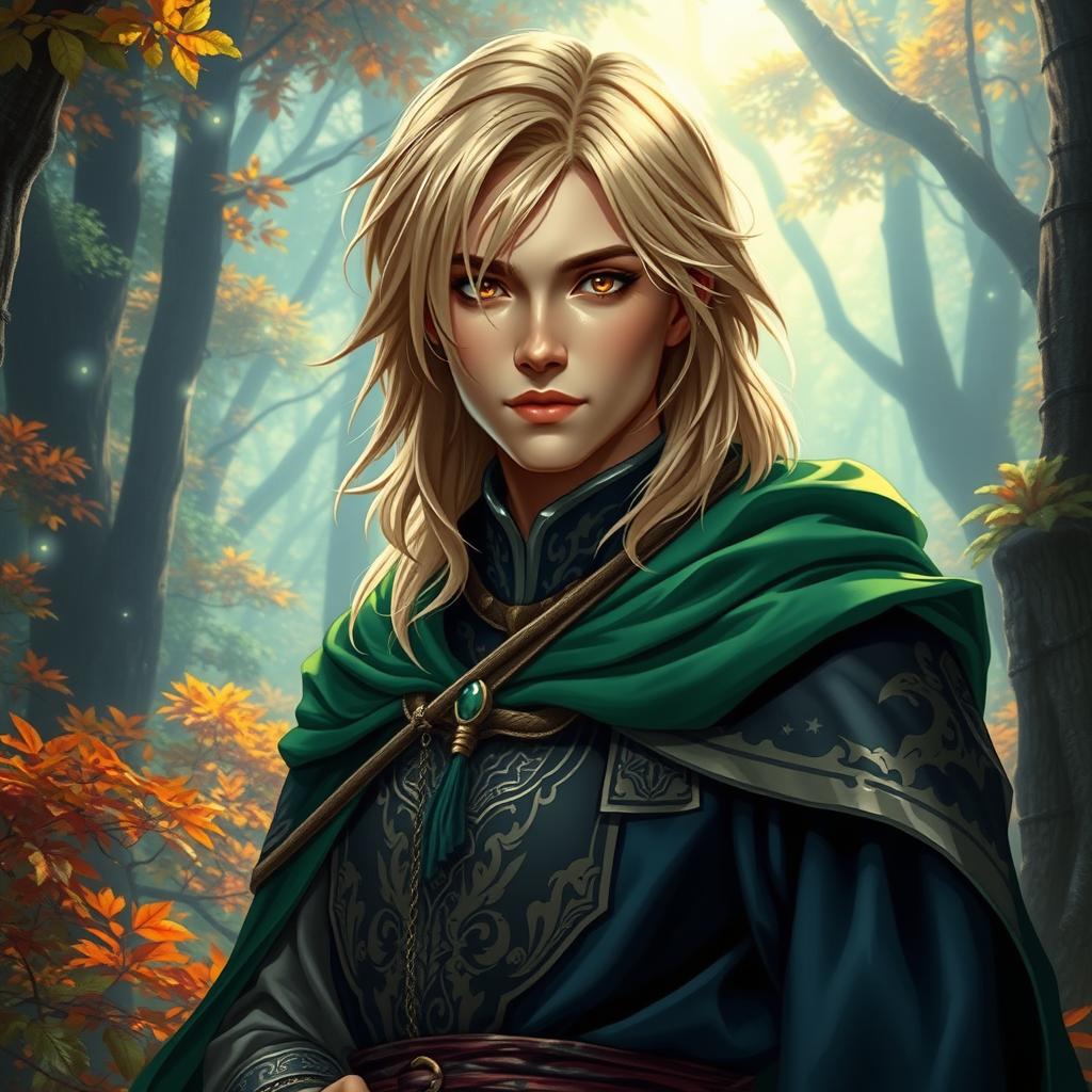 A 25-year-old human mage with medium-length blonde hair and captivating brown eyes, dressed in an elaborate robe complemented by a flowing green cape